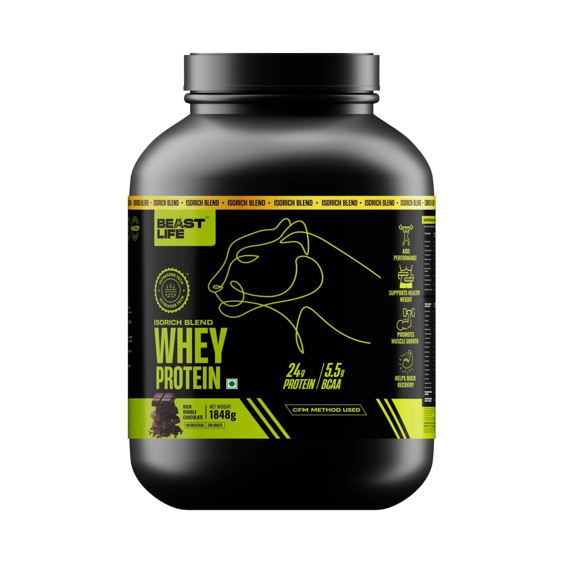 BeastLife Isorich Whey Protein Isolate Powder | 4 Lbs | Rich Chocolate| Fast Muscle Growth & Recovery| No Artificial Sweeteners| Ultrasorb Tech For Fast Digestion|NABL Lab Certified | 24g Protein, 5.3g BCAA | No Bloating