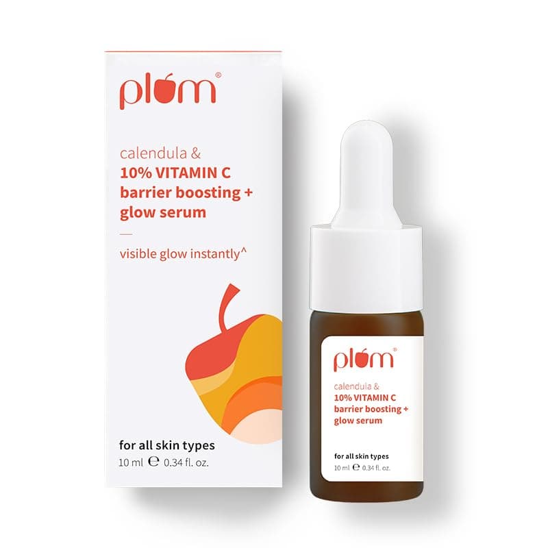 Plum 10% Vitamin C & Calendula Barrier Boosting + Glow Serum 10 ml | With 3% Niacinamide, 1% Hyaluronic acid & 1% Creamide complex| Clinically proven to reduce pigmentation & dark spots in 14 days| Boosts glow from 1st use | Men & Women | For all skin types
