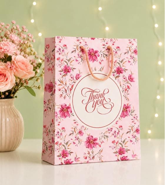 Premium Paper bags for gifting, thank you - (Pack of 10) Ideal for return gift, wedding, haldi, baby shower, anniversary, birthday, pooja, ceremonies - Small to Medium size (Baby pink colour - Floral design) (8x10x3 inch) / (20.32L x 25.4H x 7.62W cms)