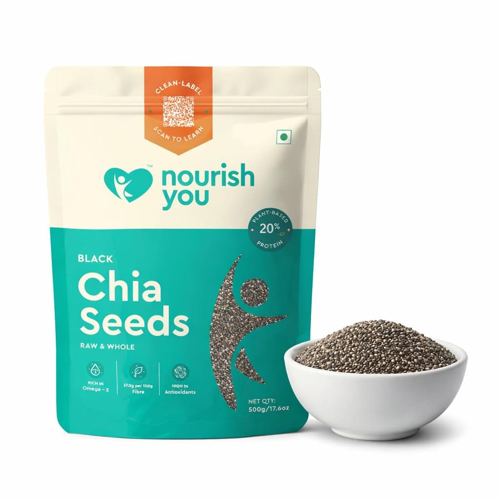 Nourish You Raw & Whole Chia Seeds 500g | Goodness of 37.5g Dietary Fibre & 20.4g Protein per 100g | Dirt & Stone free | Gluten Free | Source of Calcium, & Antioxidant , Omega 3 & Zinc | Premium superfoods | Pack of 1 | Supports Weight Management |