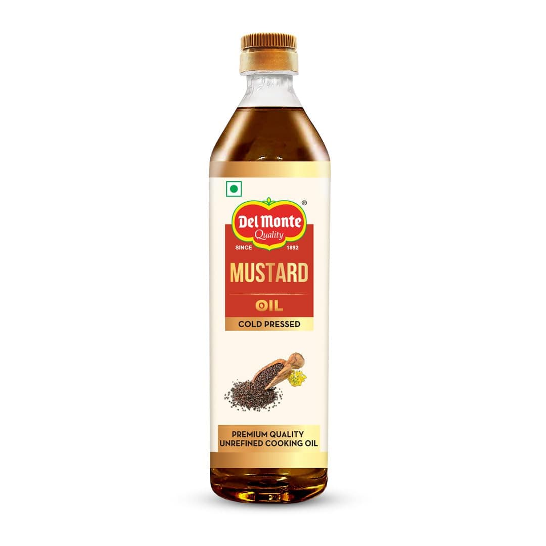 Del Monte Cold Pressed Mustard Oil 1L, Kolhu/Kacchi Ghani/Chekku | 100% Pure & Unrefined | Rich Aroma & Flavour | Healthy everyday cooking oil: Ideal for Deep Frying, Roasting, Grilling | Cholesterol Free | Contains MUFA, Omega 3 & 6 | Good for Heart health