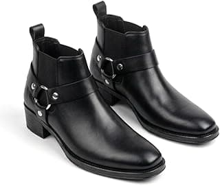 viblush Men's/Womens Leather Ankle Boots with Low Heel Booties with Buckle Strap Lightweight Comfortable Trendy Outdoor Casual Shoes Slip On Chelsea Boots High Tops, Soft Cushioned Insole Trendy Stylish Boots For Party Travel Office Unisex