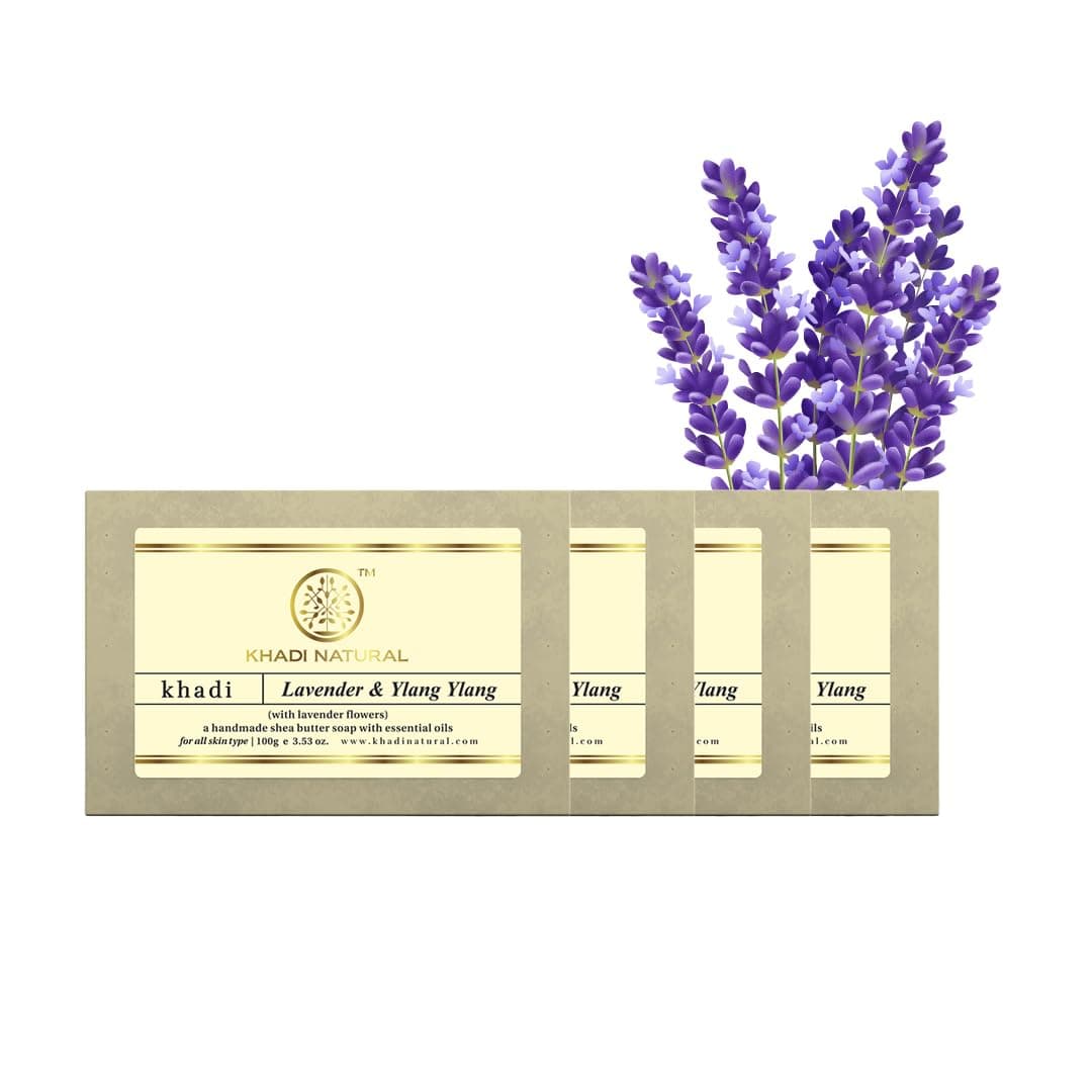 Khadi Natural Lavender & Ylang Ylang Soap with Lavender Flowers | Herbal Bath Soap with Essential Oils | Helps Keep Skin Soft & Fresh | Gentle Bath Soap for Daily Use | Suitable for All Skin Types | Pack of 4 | 125g Each