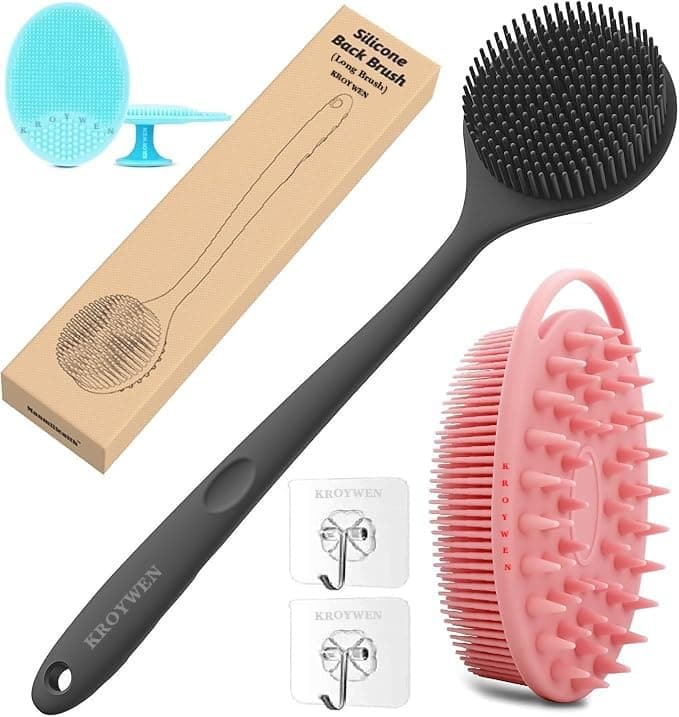 KROYWEN Ultra Soft Primum 2-in-1 Body Shower Bath & Shampoo Brush Massager for Hair,+ Silicone Soft Back Long Handle Shower Bath Brush+ Face Scrubber Brush, Exfoliating silicone Bath scrubber, Premium Loofah & Scalp, Combination Combo | BPA-Free | for Men and Women (With A Free Hook 2-pic)