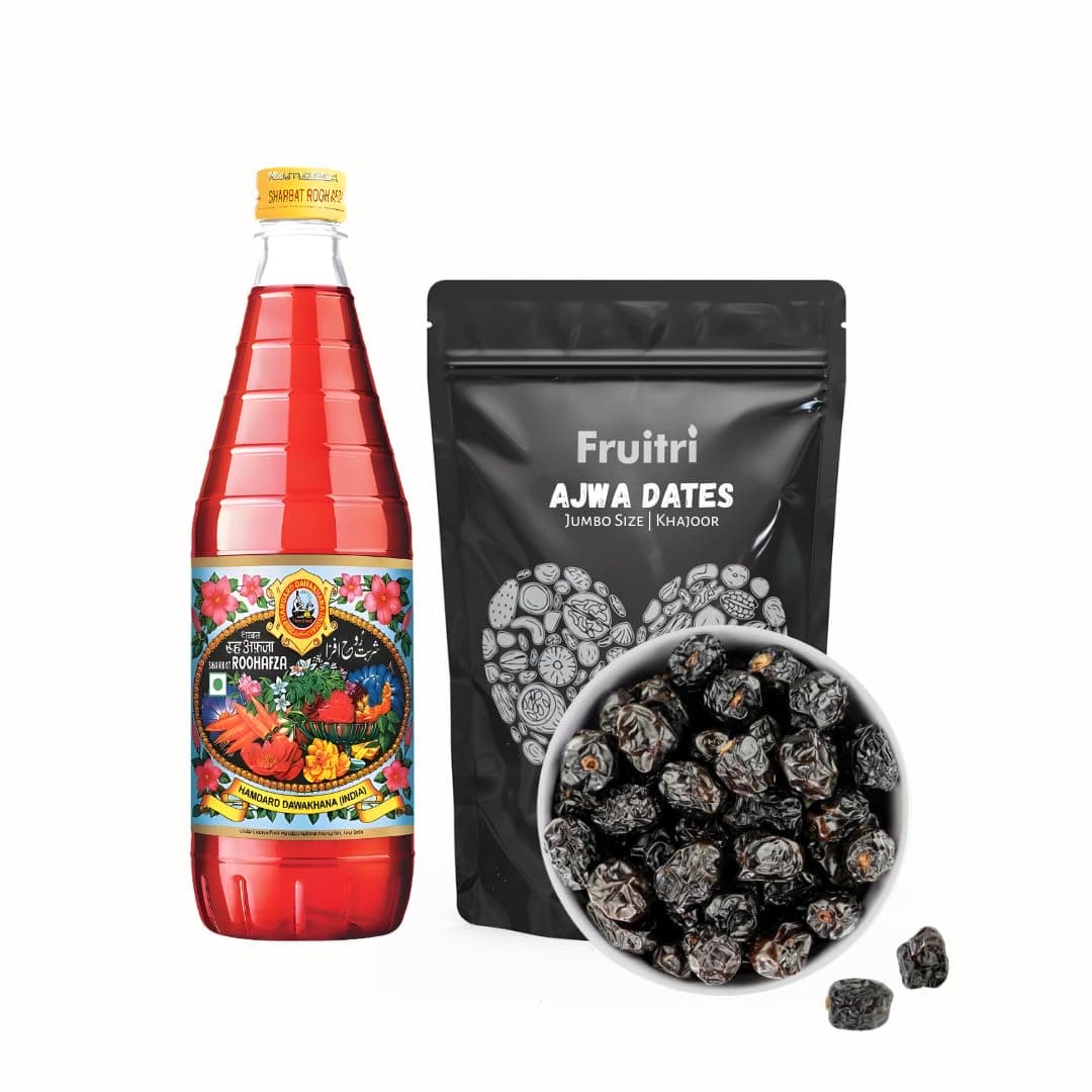 Fruitri & Hamdard - Ajwa Khajur 250g & Rooh Afza Syrup 750ml | Ajwa Dates & Rose Sharbat for Milk | Natural Energy Booster | Saudi Dates Fresh & Cool Drink Mocktail Syrup | Ramadan Food Items | Iftar Drink Mix Supports Vitality | Soft Black Dates (750ml + 250g)
