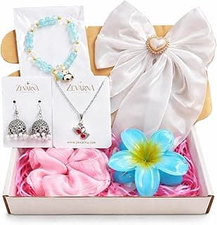 Zevarna Gift Hamper for Woman & Girls Under 300 | Cute Accessories Gift Set with Earrings, Bracelet, Necklace & Scrunchie | Birthday Gift for Girlfriend, Sister, Teen Girls | Kitty Party Return Gifts | Set of 6 Items | Random Colors and Designs for Surprise