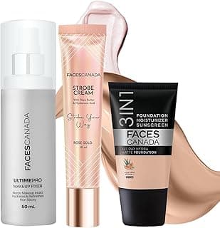 FACES CANADA Always On Shine Combo - All Day Hydra Matte Foundation - Rose Ivory 011 (18 ml) + Strobe Cream - Rose Gold (18ml) + Ultime Pro Makeup Fixer (50 ml) | Illuminating & Glowing Makeup Base | Long Lasting Makeup Setting Spray