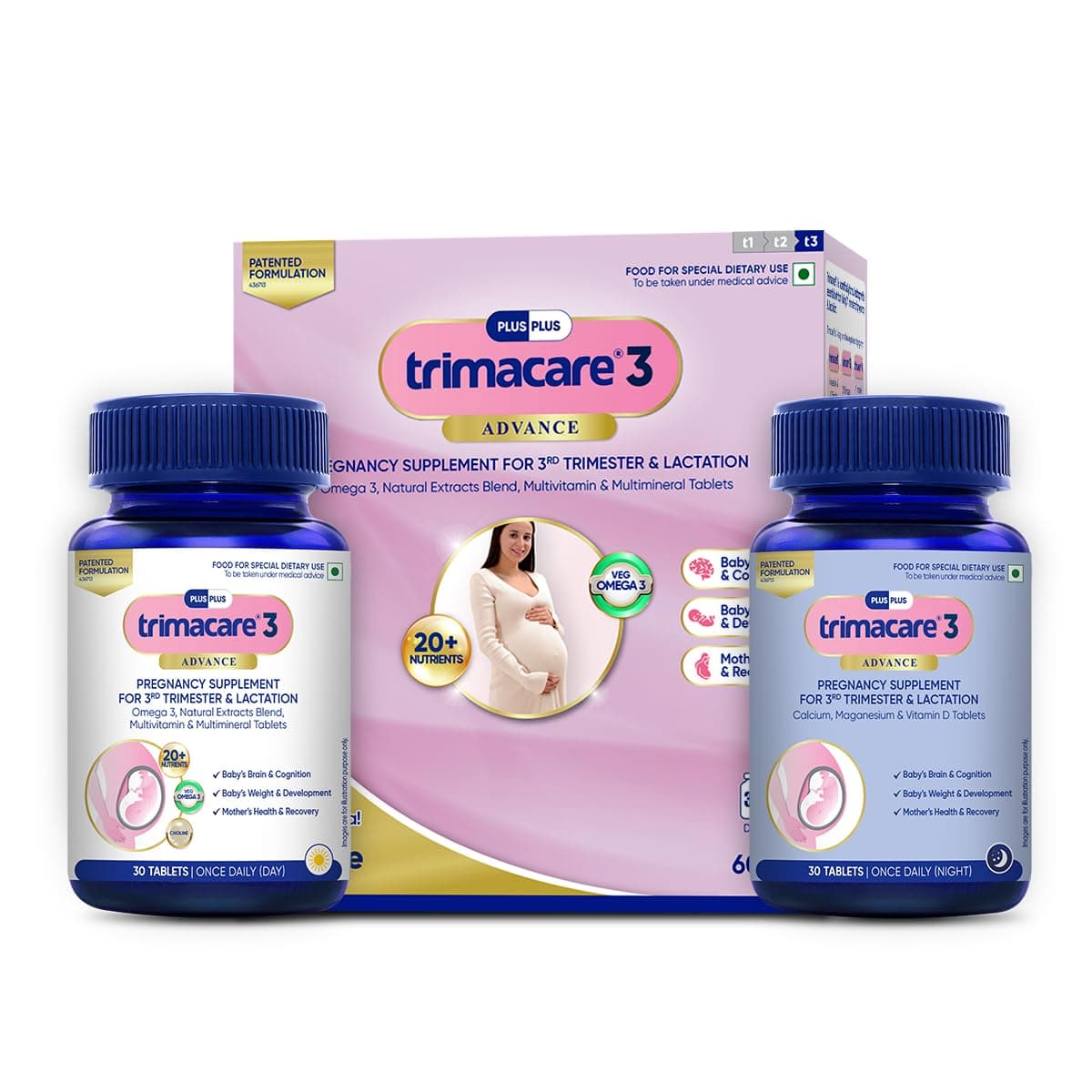 TRIMACARE™ 3 Advance | Prenatal Vitamins For Pregnancy | 3rd Trimester| New Formula with Choline | Iron, Veg DHA Omega 3, Calcium | No Gas, Bloating, Or Constipation | Bowel Regulator | | 20+ essential nutrients (Pack of 1) | 60 X 1 |