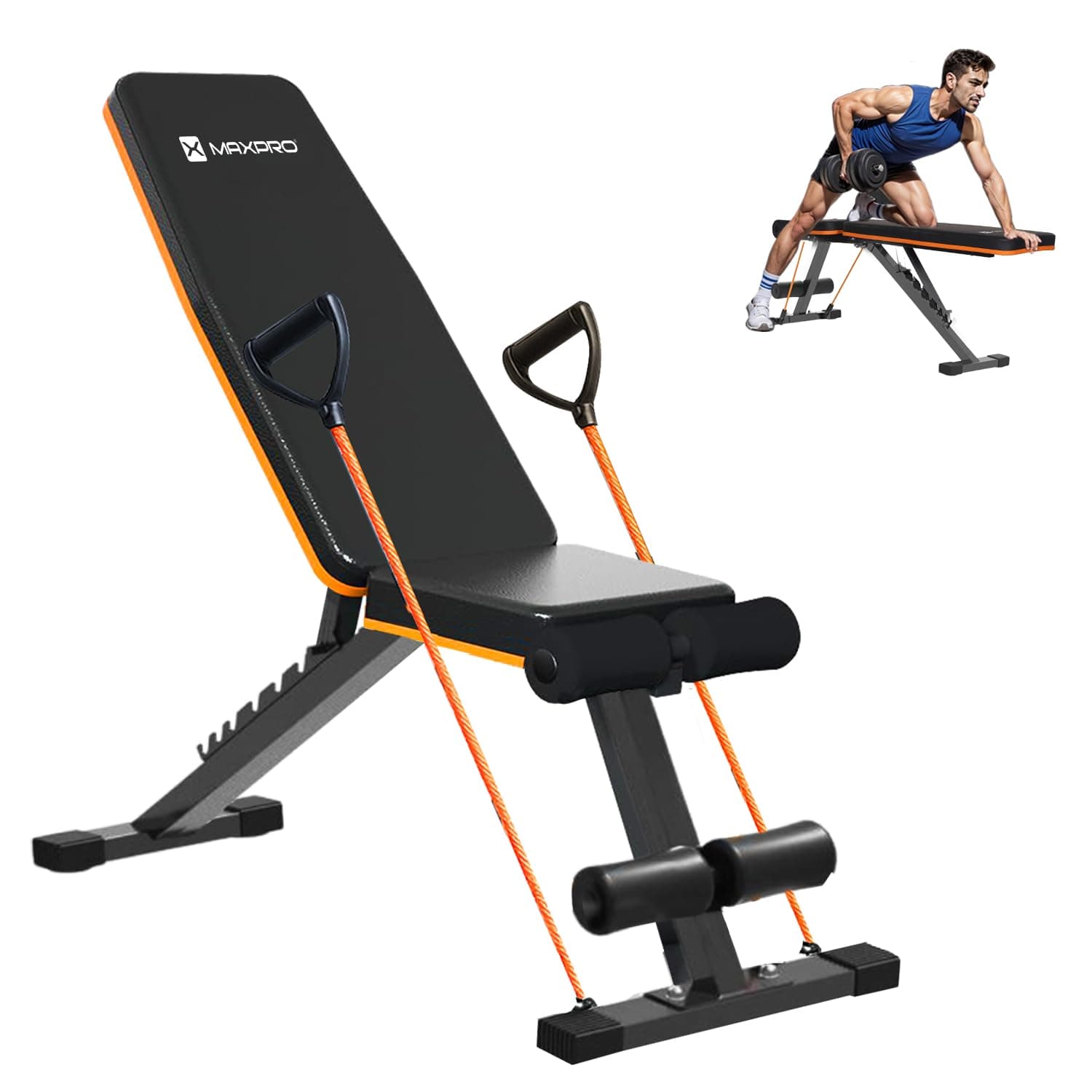 MAXPRO MP-AB301 MAXBENCH Commercial Grade Adjustable And Foldable Gym Bench Incline,Decline & Flat 250 Kg Capacity Fitness Gym Bench with Resistance Ropes For Home Workout,Adjustable Strength Training Bench for Full Body Workout