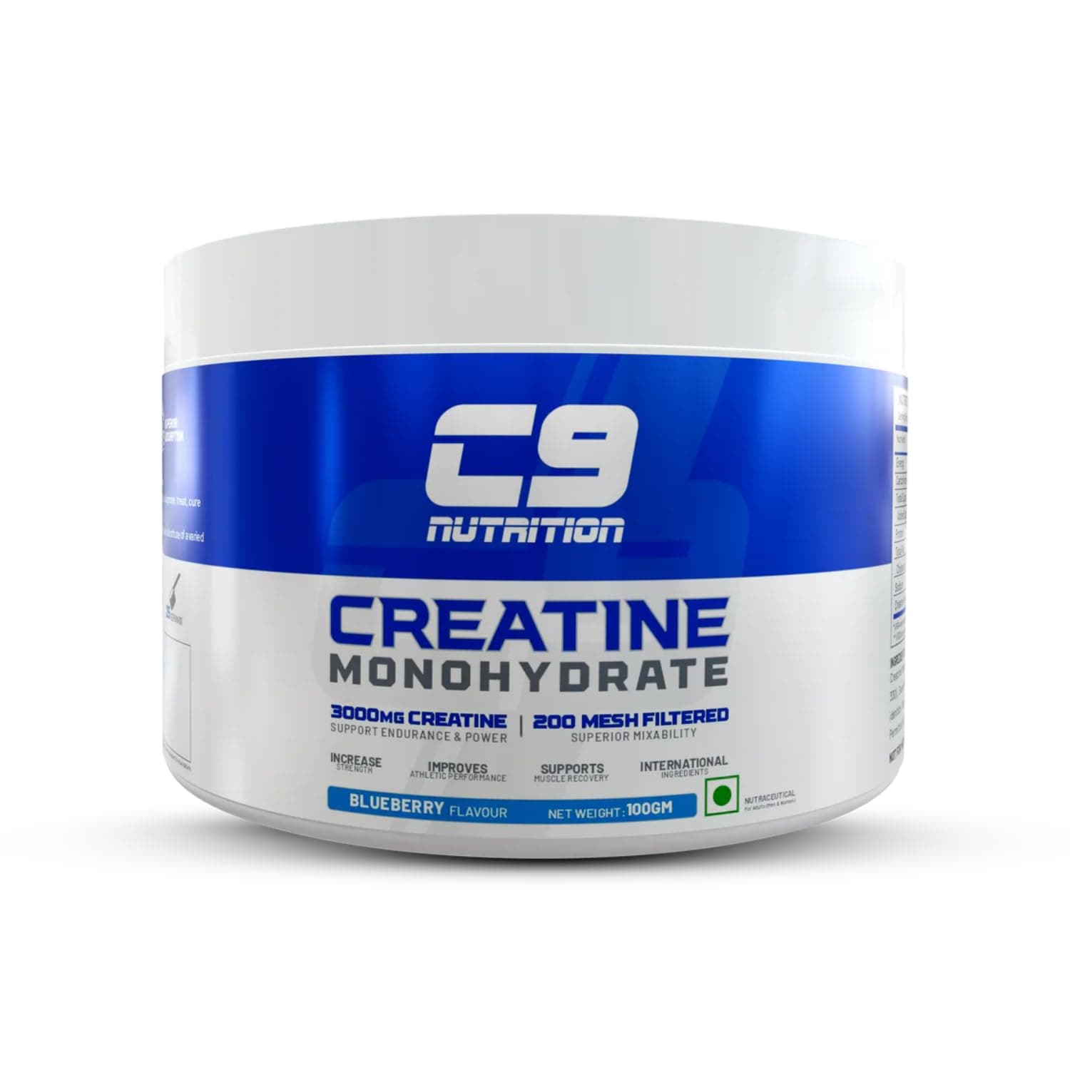 C9 Nutrition Micronized Creatine Monohydrate | 3000mg Ultra-Pure 200 Mesh Filtered Creatine Powder | Boost Strength, Power & Muscle Recovery | Zero Sugar | Blueberry Flavour | 100gm for Men & Women, 33 Servings (100gm, Blueberry)