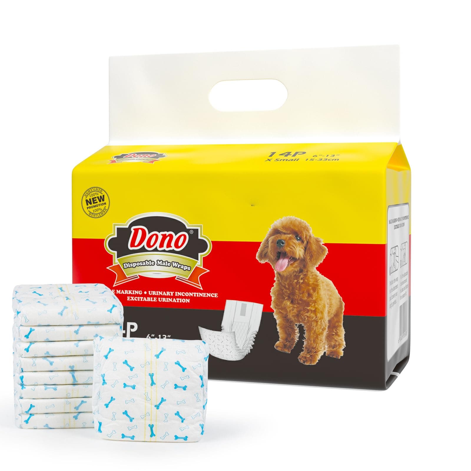 Disposable Dog Diapers Male Wrap - Dono,with Wetness Indicator,2017 New,Super Absorbent Diapers for Dogs and Cats,14pcs,XS | Wetness Indicator, Super Absorbent, Leak Protection, Belly Bands for Male Dogs, Excitable Urination & Incontinence