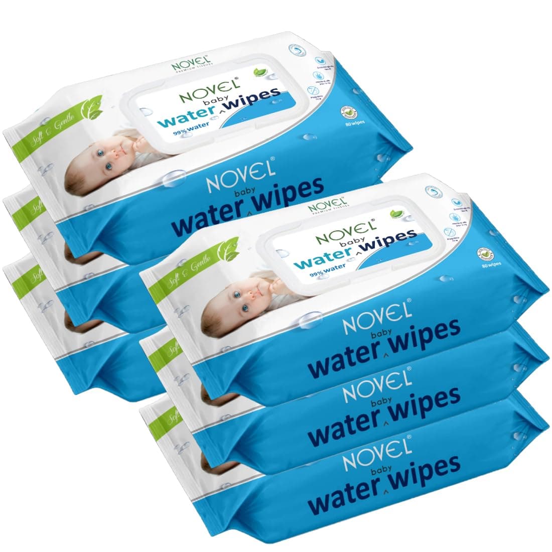Novel 99% Pure Water Baby Wipes 80 Wipes x Pack of 6 (480 Wipes) | Vitamin E, Glycerine | pH Balanced, Alcohol, Hypoallergenic & Paraben-Free | Unscented for Newborns & Sensitive Skin | Extra Thick & Moist wet | Soft Gentle Baby Wipes with Lid