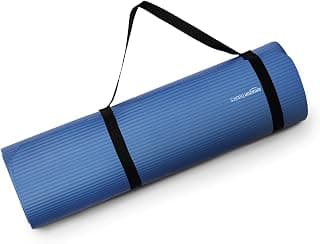 amazon basics NBR Yoga & Exercise Mat with Carrying Strap | 15 mm Extra Thick Cushioned Support | Non-Slip Textured Surface | Durable & Comfortable Foam Rubber Material | Floor Protection | Ideal for Yoga, Pilates & Home Workouts | 183 x 61 cm | Blue
