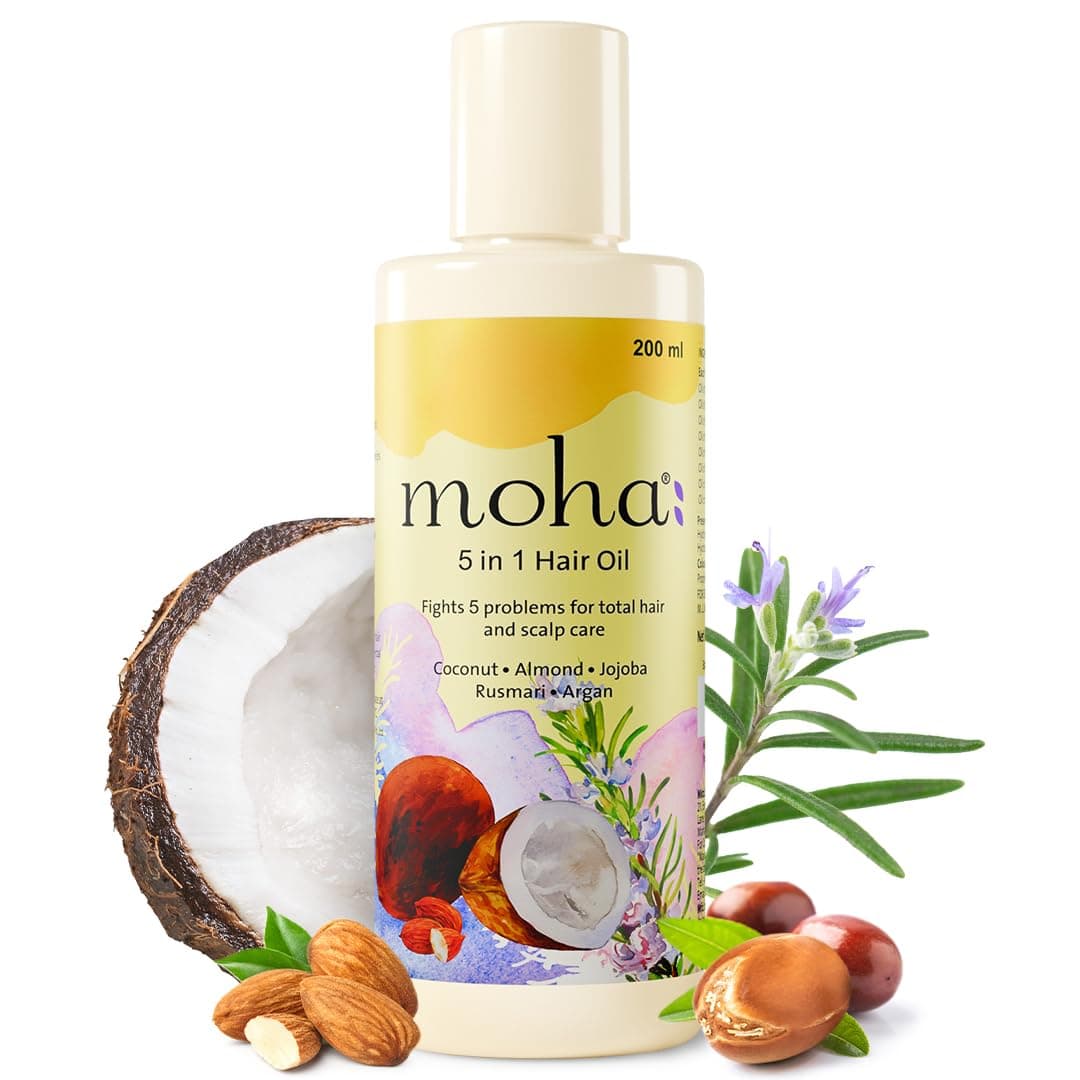 Moha 5-In-1 Ayurvedic Hair Oil with Blend of Rosemary, Coconut, Argan, Jojoba & Almond for Improvement in Hair Growth & Reductiond in Dandruff | Ayurvedic Hair Oil for Hair Loss, Breakage, Frizzy & Hair Thinning | Add Shine, Softens Hair, Damage Protection, Non-Sticky, Lightweight & Strengthening | Clinically Proven for 63% Reduce in Hair Fall - 200 Ml (Pack of 1)