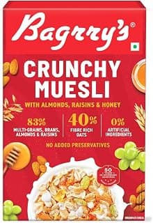 Bagrry’s Crunchy Muesli – 200g | 83% Multigrain, Brans, Almonds, Raisins & Honey | 40% Fibre Rich Oats | High Fibre and Protein Breakfast Cereal | No Added Preservatives | Non-GMO Oats | 100% Natural | Trans Fat & Cholesterol Free