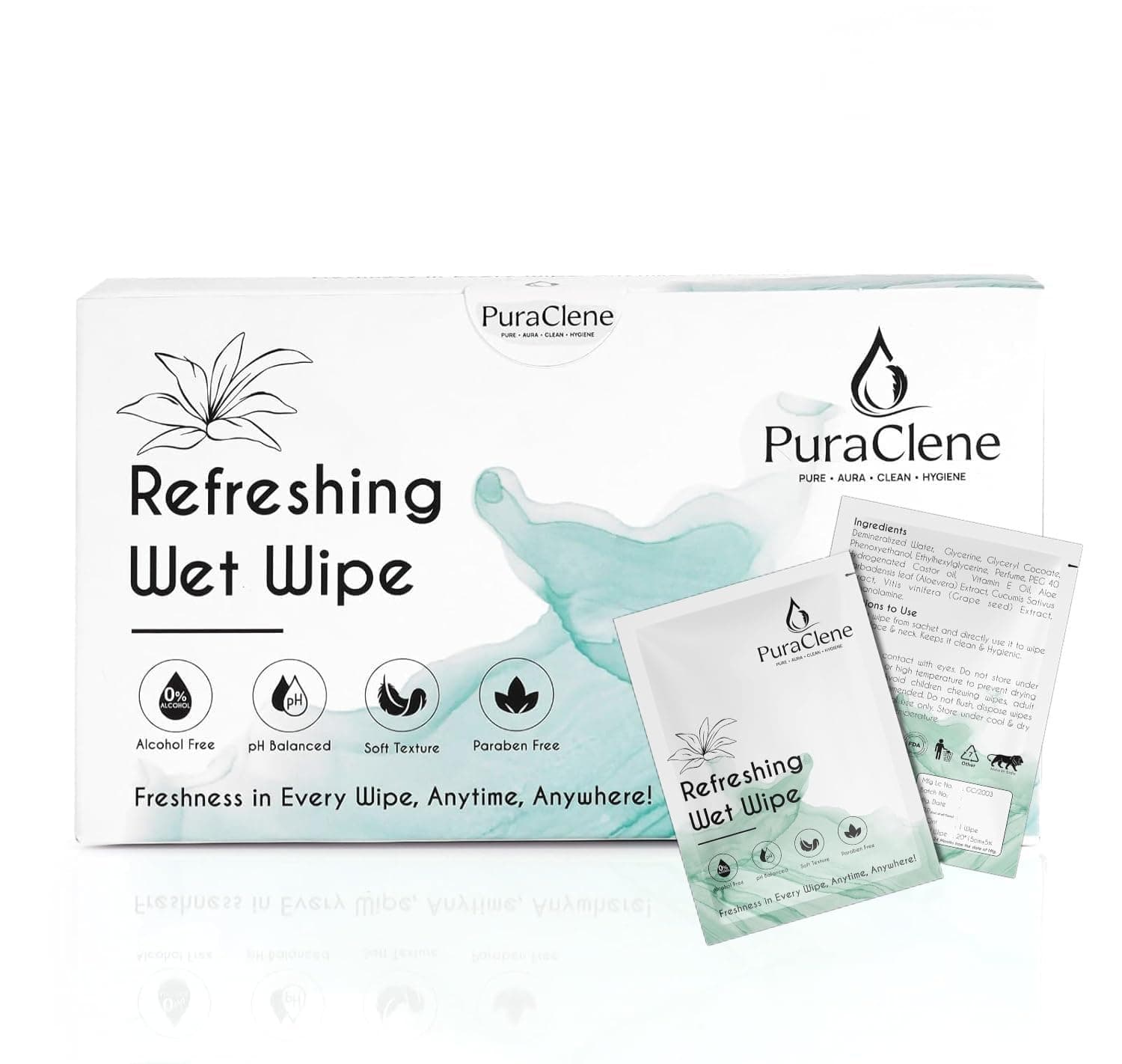 PuraClene Jasmine Refresh Wet Wipes for Men & Women, 50 Soft Wipes (Pack of 1) | Alcohol & Paraben Free, pH Balanced, Dermatologically Tested | With Aloe Vera & Vitamin E | Gentle Face & Body Cleansing | Travel Friendly | Christmas Gift Option