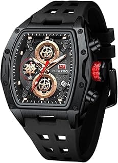 MF MINI FOCUS MINI FOCUS Men's Chronograph Watch With Silicone Strap & Skeleton Dial & Rose Gold Accents | Quartz Movement, (Chronograph/Waterproof/Luminous/Calendar) Square Case Wrist Watch For Sports & Outdoor Styling (MF0473G)