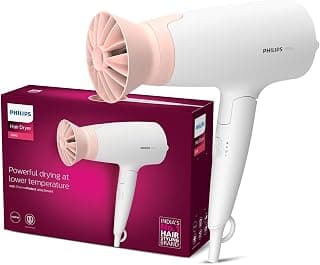 PHILIPS Foldable Hair Dryer 1600 Watts| Powerful Salon-like Blow Drying with Less Heat | 3 Heat Settings with Cool Shot (Hot/Cool/Warm) | ThermoProtect Airflower Attachment- Pink | BHD308/30 - White | Perfect Blow Dry & Style for Men and Women | 2 years Warranty