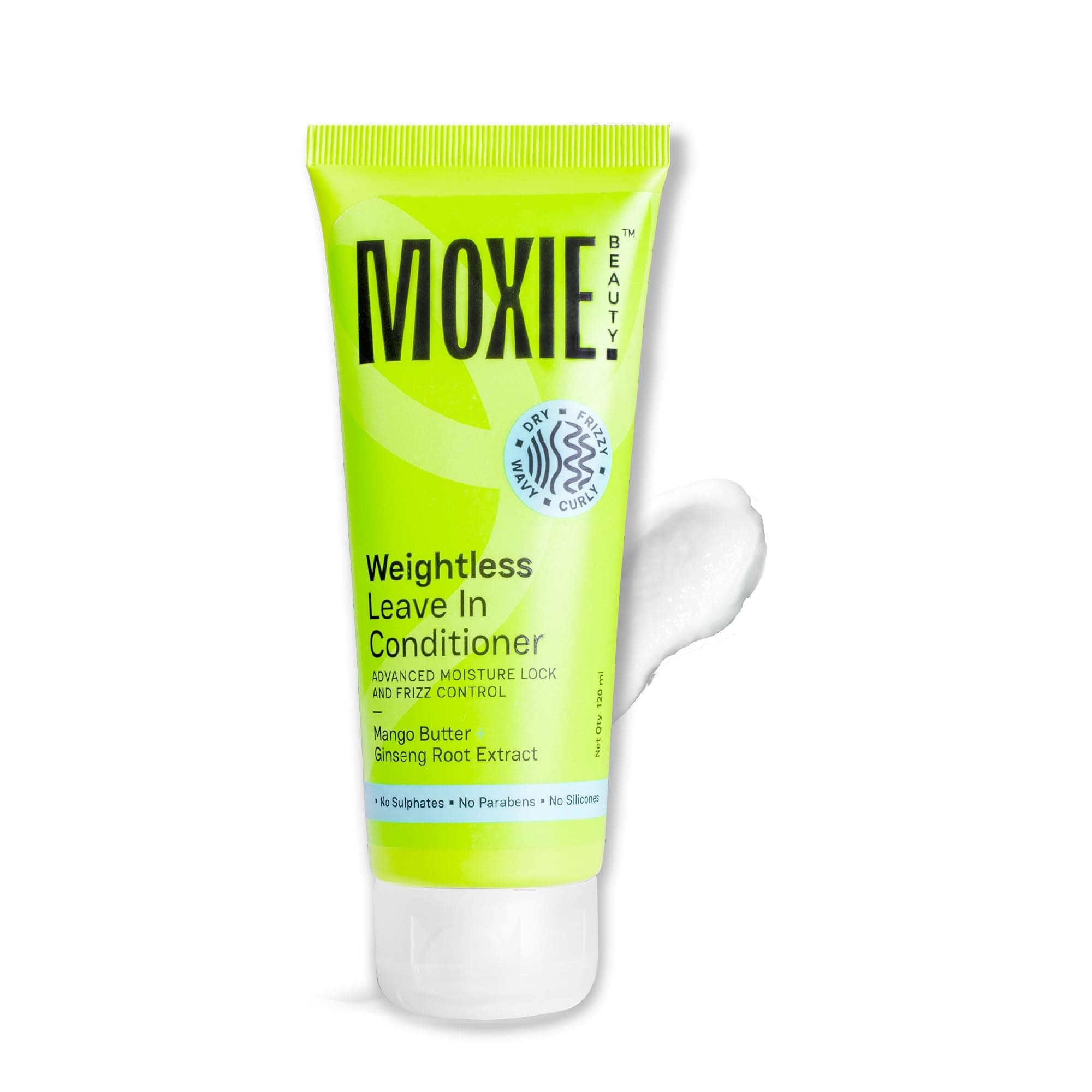 MOXIE BEAUTY Weightless Leave-In Conditioner for Women & Men | Leave-In Conditioner for Frizzy, Dry, Wavy & Curly Hair | 94% Hair Moisture Retention | Sulphate, Paraben & Silicone Free | Mango Butter & Ginseng Root Extract | 120 ml