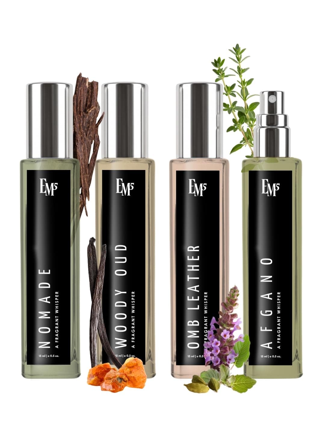 EM5 Set of 4 Masculine Perfume For Men | Skin Friendly, IFRA Compliant, FDA Approved | Woody Oud, Nomade, Omb Leather & Afgano Fragrances | Strong & Long-Lasting Eau De Parfum Spray | Travel Friendly Perfume Gift Set for Men (4 x 15ml)