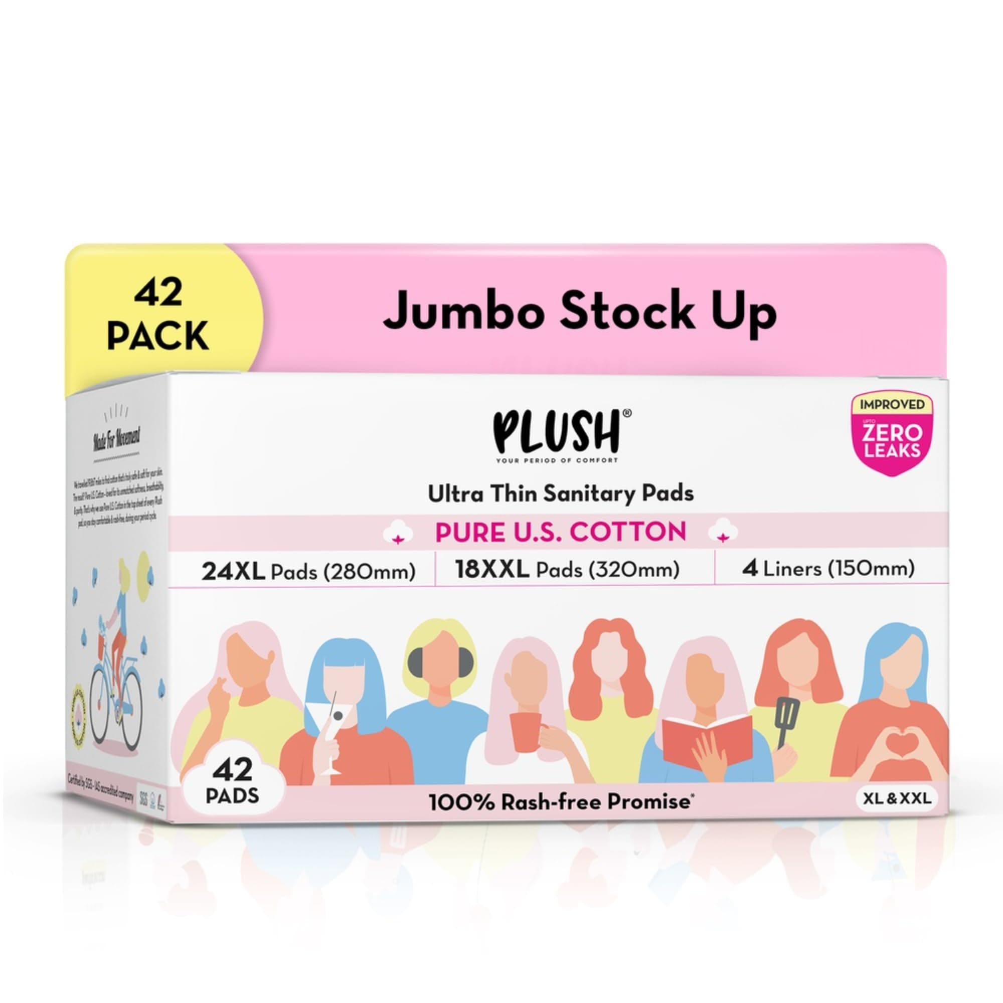 Plush Ultra-Thin Sanitary Napkins for Women, 42 Pcs | SUPER SAVER PACK | 24 XL Pads (Light-Medium Flow), 18 XXL Pad (Heavy Flow), 4 Panty Liners | 100% Rash-Free | Pure U.S. Cotton Sanitary Pads | No Fragrance | No Toxic-Chemicals