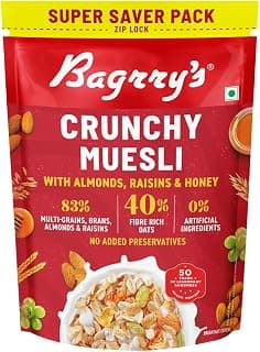 Bagrry’s Crunchy Muesli – 750g | 83% Multigrain, Brans, Almonds, Raisins & Honey | 40% Fibre Rich Oats | High Fibre and Protein Breakfast Cereal | No Added Preservatives | Non-GMO Oats | 100% Natural | Trans Fat & Cholesterol Free
