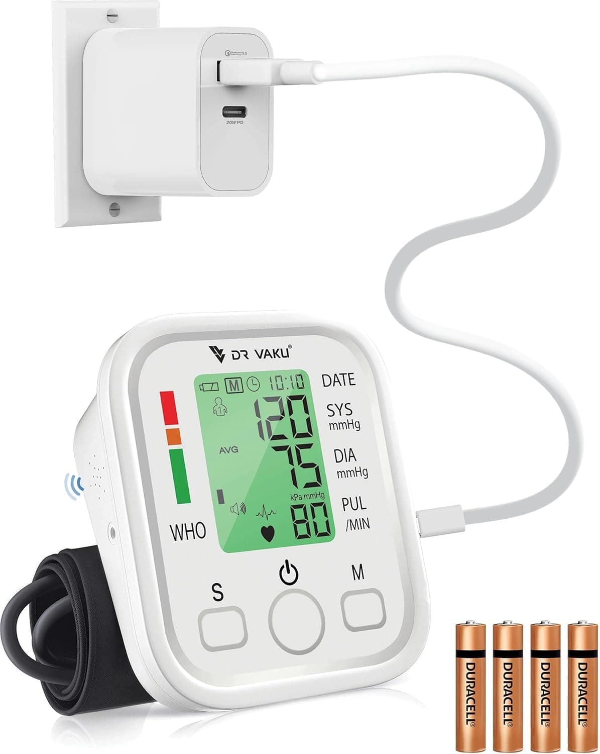 DR VAKU® BP Monitor Fully Automatic Blood Pressure Machine to Check Digital Accurate Level for Home Monitoring Device with Talking Function,Large Display + Cuff Kit Best Accurate Apparatus Measurement with 20w PD QC Adapter- White