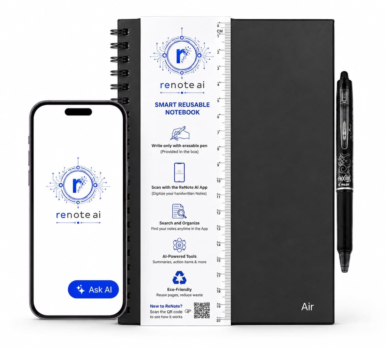 ReNote Air – Smart Reusable Notebook with AI Assistance ( Handwriting OCR | AI Templates | Sketch to Image | Secure Cloud Sync | Waterproof & Eco-Friendly | A5, 48 Pages | Includes Pilot Frixion Pen & Cloth | iOS & Android App Compatible & Free Subscription)