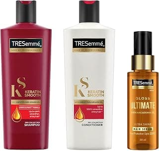 TRESemme Gloss Ultimate Ultra Shine Hair Serum 50ml with Macadamia Oil & Tresemme Keratin Smooth, Conditioner, 190ml, for Smoother, Shinier Hair, with Keratin & Tresemme Keratin Smooth, Shampoo, 185ml, for Straighter, Shinier Hair, with Keratin & Argan Oil, Nourishes Dry Hair, Controls Frizz , for Men & Women