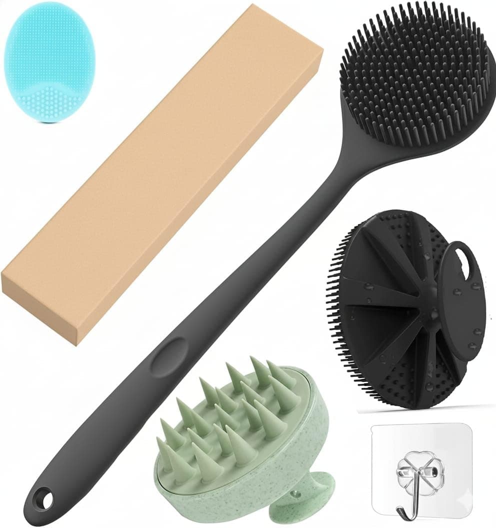 ETSAP Soft Silicone Back Scrubber Long Handle Bath Brush + Body Scrubber Bath Brush + Scalp Massager for Hair + Face Scrubber Brush, Combination Combo, Super-Exfoliating & Lathering Body Scrubber, Shower Brush | BPA-Free | for Men and Women (With A Free Hook 3-pic)
