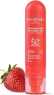 DOT & KEY Strawberry + Niacinamide Sunscreen Mist SPF 50+ PA+++ In-Vivo Tested | Brightens Skin, Makeup-Friendly, With Aloe Vera Water, Lightweight | Quick-Drying, Alcohol-Free, Hydrates & Refreshes, Easy Reapplication | 80ml