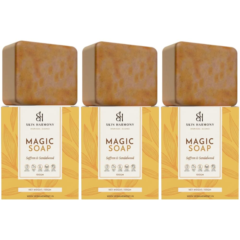 Skin Harmony Saffron and Sandalwood Brightening Soap | Pack of 3 | Glowing & Brightening Soaps for bath | For Pigmentation, Dark Spots, Sun Damage | Tan Removal Soap Bar for men and women | Brightens Underarms | Paraben Free | All Skin Types | 3 X 100g