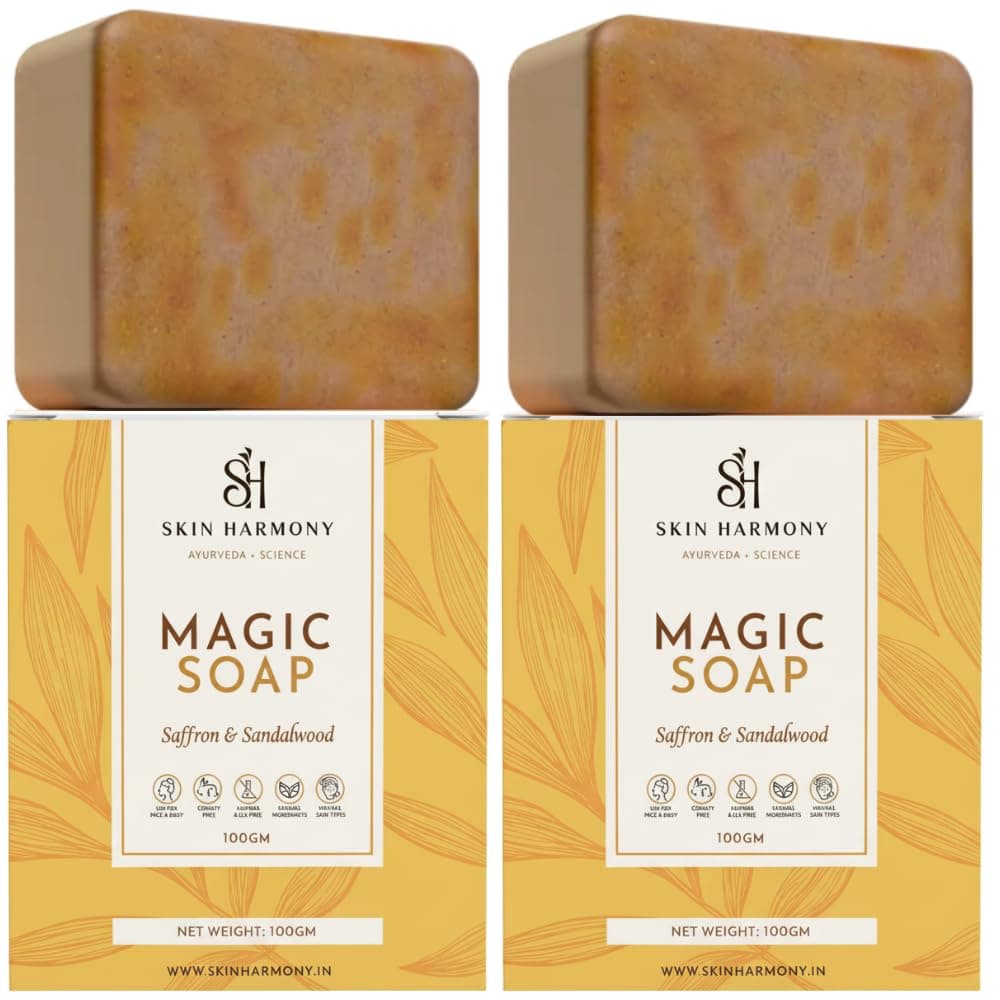 Skin Harmony Saffron and Sandalwood Brightening Soap | Pack of 2 | Glowing & Brightening Soaps for bath | For Pigmentation, Dark Spots, Sun Damage | Tan Removal Soap Bar for men and women | Brightens Underarms | Paraben Free | All Skin Types | 2 X 100g