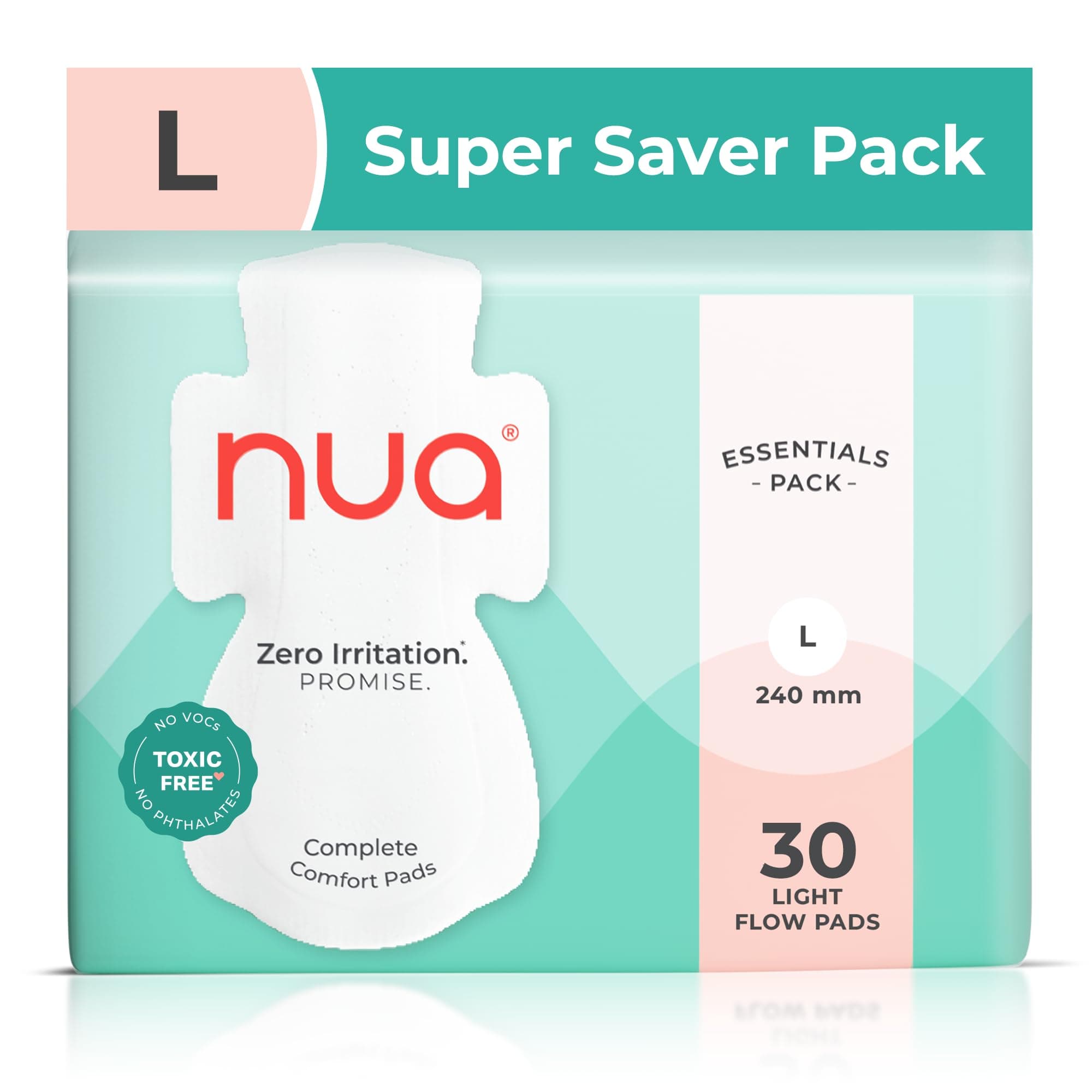 Nua Complete Comfort Sanitary Pads for Women L | Pack of 30 | Light Flow Pads | Super Saver | Zero Irritation Promise | Comfortable All-Day Protection | Ultra-Thin | Super Absorbent | No rashes | 50% Wider Back | 100% Toxic-Free, Dermatologically Tested | Essentials Pack