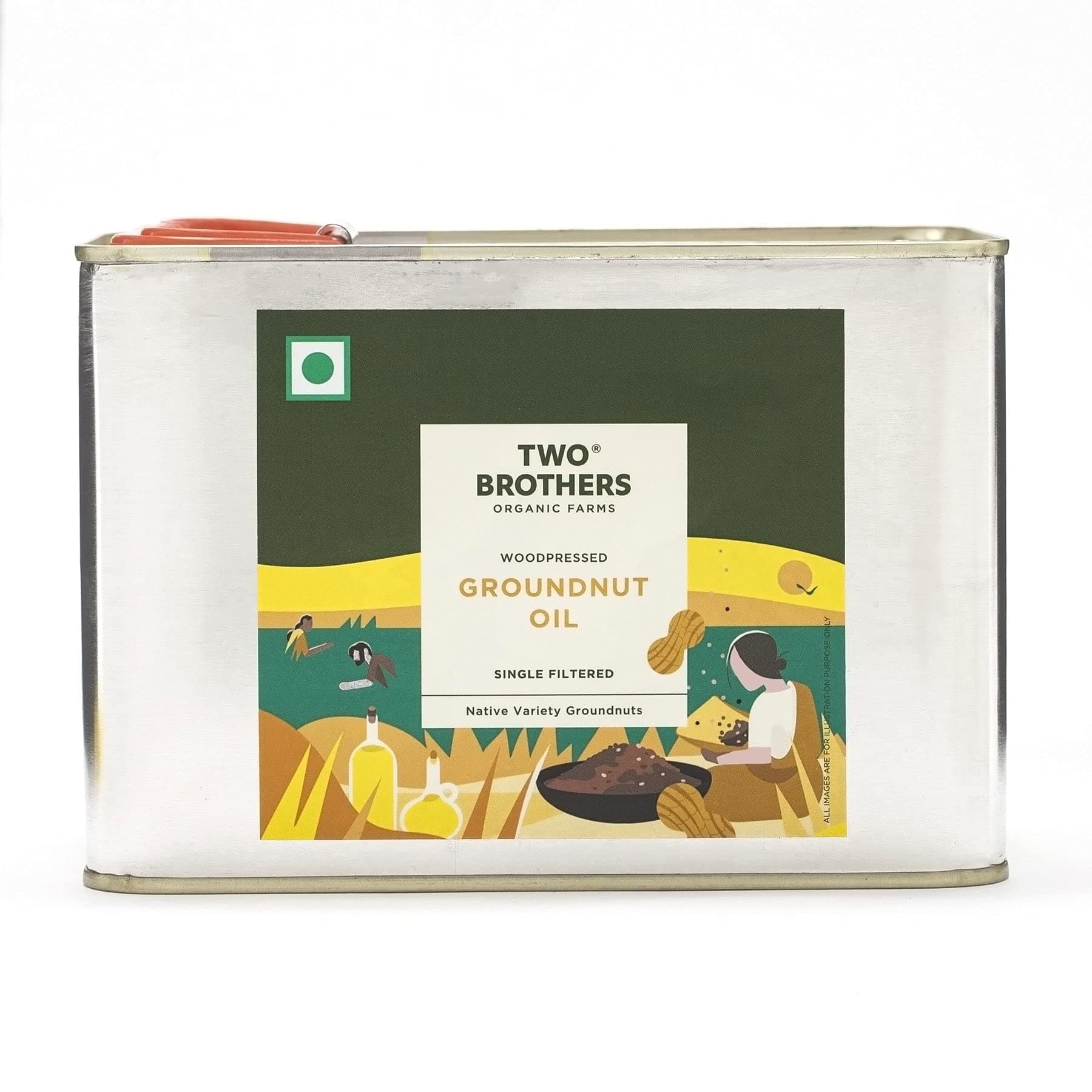 TWO BROTHERS ORGANIC FARMS India's Only Certified Glyphosate Free Groundnut Oil, Made Using Farm Grown Groundnuts|Cold-Pressed And Single-Filtered Oil For Healthier Cooking|Kacchi Ghani/Mara Chekku, Natural And Unrefined 2 Litres Tin Can