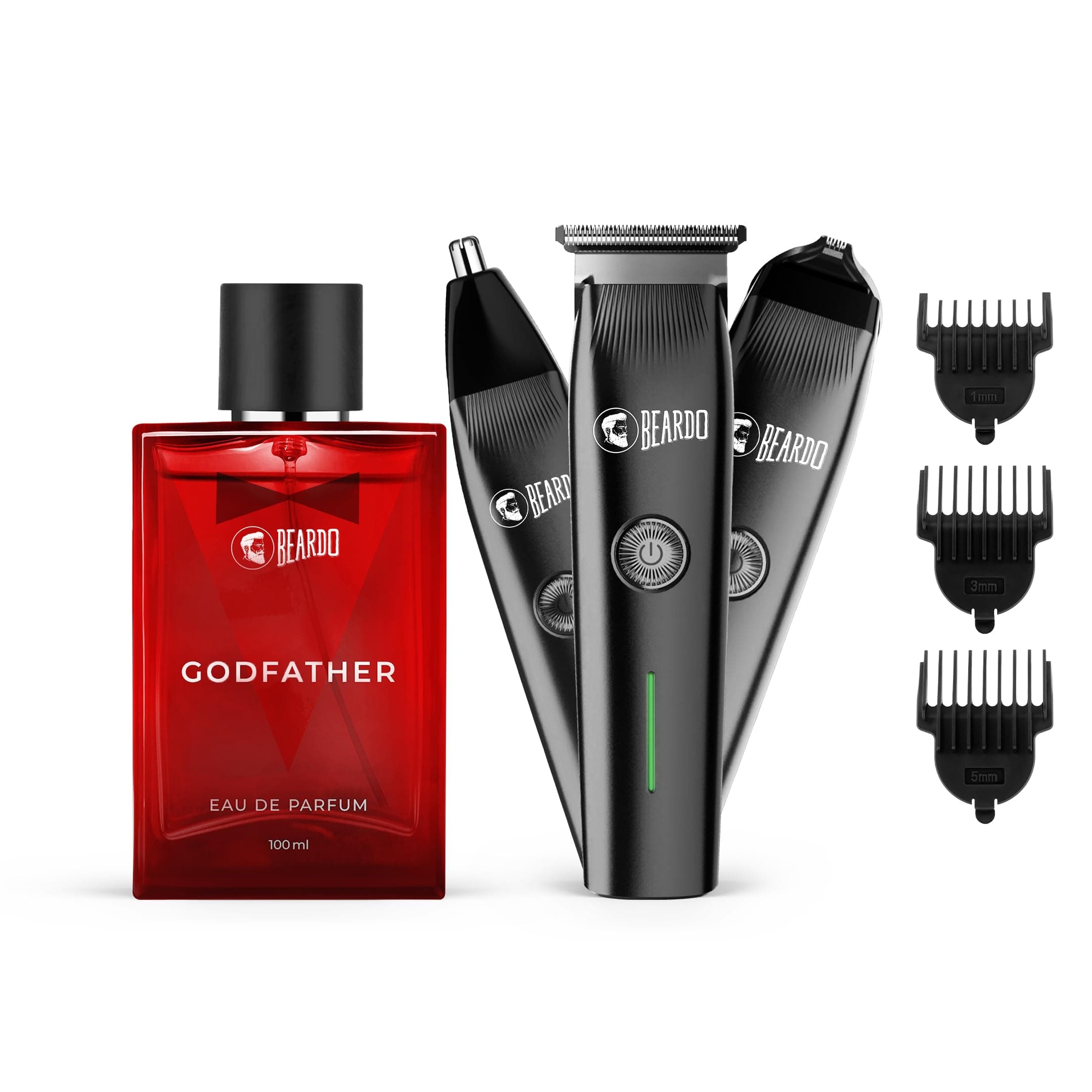 Beardo Ape-X Prime 3-in-1 Trimmer + Godfather EDP Perfume for Men | Beard, Nose & Ear Trimmer with Type-C Charging | Long Lasting Spicy Eau de Parfum, 100ml | Grooming & Fragrance Gift Set for Men, Husband, Boyfriend