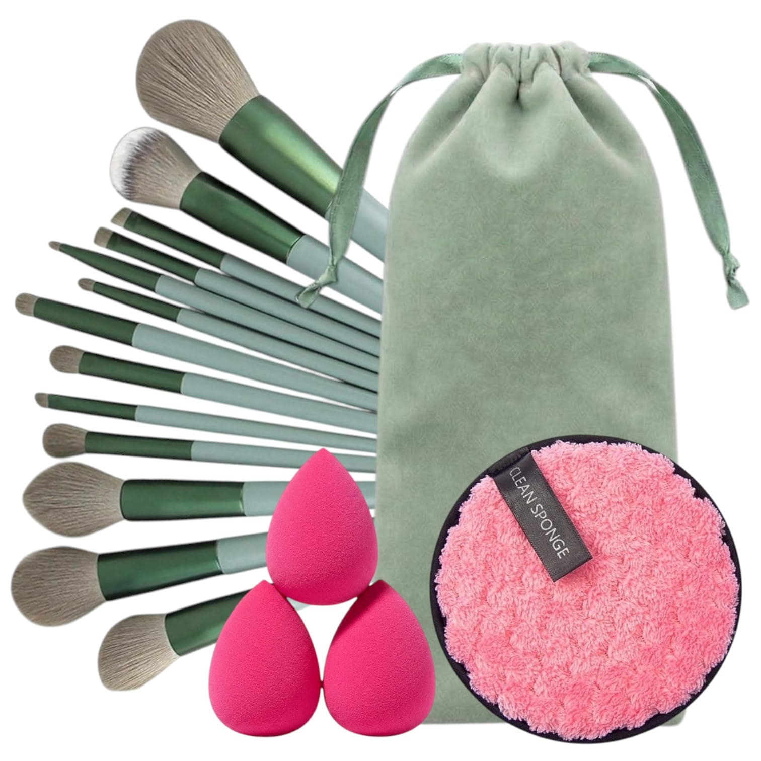 LA VENUST 17Pc Makeup Kit Set – Premium 13-Piece Makeup Brush Set with 3 Makeup sponges & 1 Color-Removal Sponge – Soft Synthetic Bristles, Rose Gold & Cream Design with Velvet Travel Pouch – Complete Professional Beauty Tools (Clean sponge and makeup puffs , color may vary or multicolour) (Green)