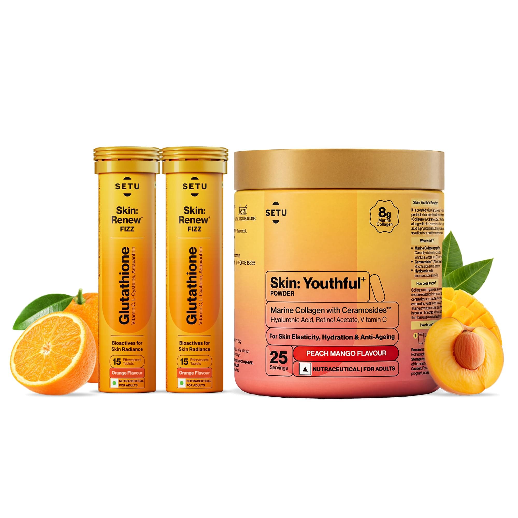 Setu Skin Renew Glutathione Fizz 30 Tablets for Skin Glow & Brightness with Skin Youthful Marine Collagen Powder (Peach Mango,250 g) | Fight Fine Lines & Wrinkles | Powered by Master Antioxidant Glutathione | Promotes Radiant Skin | Skin Supplements for Women & Men (Combo Pack)