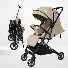 Infantso RIDE-X Premium Baby Stroller / Pram Auto Fold with 5 Points Safety Harness, Multi Level seat Recline & Spacious Cushioned seat, One-Hand Fold and 360° Rotating Wheels, Travel Friendly, Extendable Canopy, Adjustable Footrest, Shock Absorption Wheels, Lightweight Stroller for 0 to 3 Years (Beige)