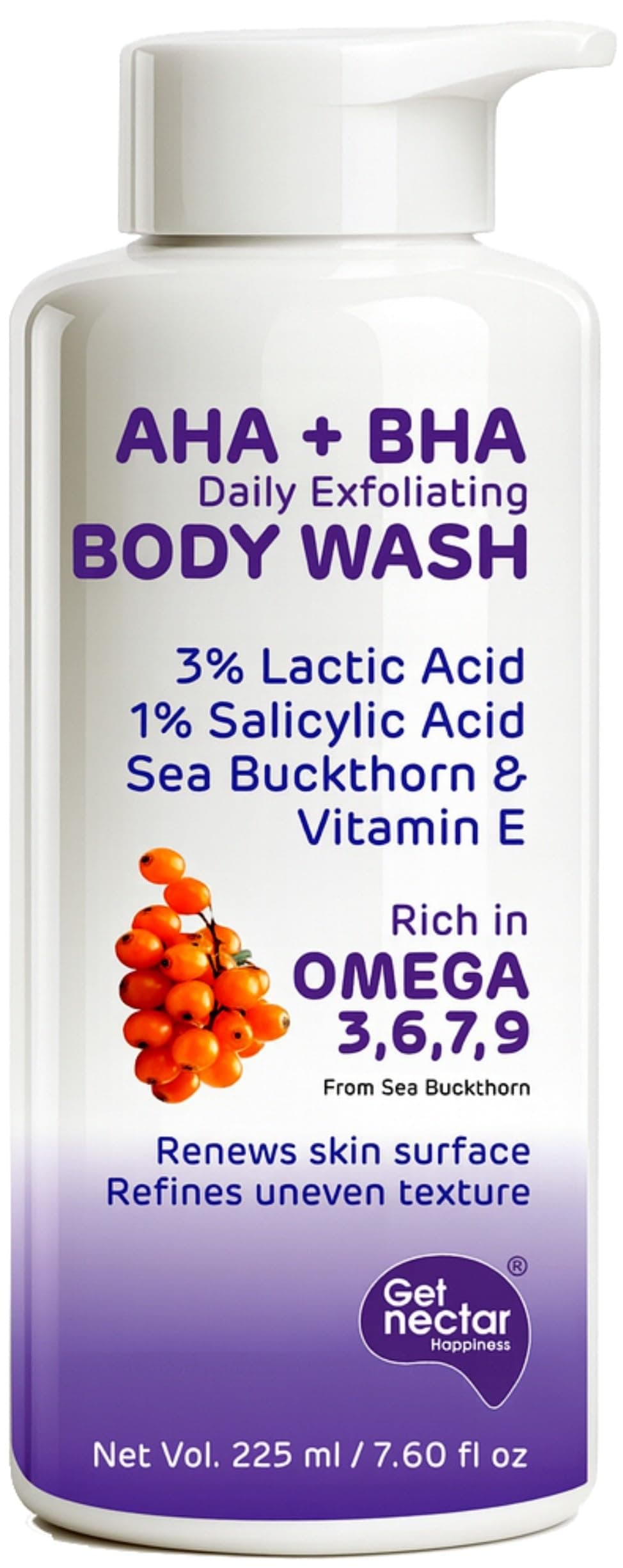 Get Nectar Happiness Korean Glow Essence AHA-BHA Body Wash | 4% Actives (3% Lactic Acid + 1% Salicylic Acid) | Omega 3,6,7,9 | Exfoliating Body Wash for Tan, Body Acne & Smooth Glowing Skin | Sulfate & Paraben Free | For Men & Women | 225ml