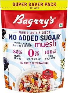 Bagrry’s No Added Sugar Muesli with Fruits, Nuts & Seeds – 700g | High Fibre & Protein | 0% Added Sugar, No Corn Flakes | Whole Grain Breakfast Cereal with Almonds, Raisins, Pumpkin Seeds & Berries | No Sugar infused Berries | Supports Weight Management & Heart Health