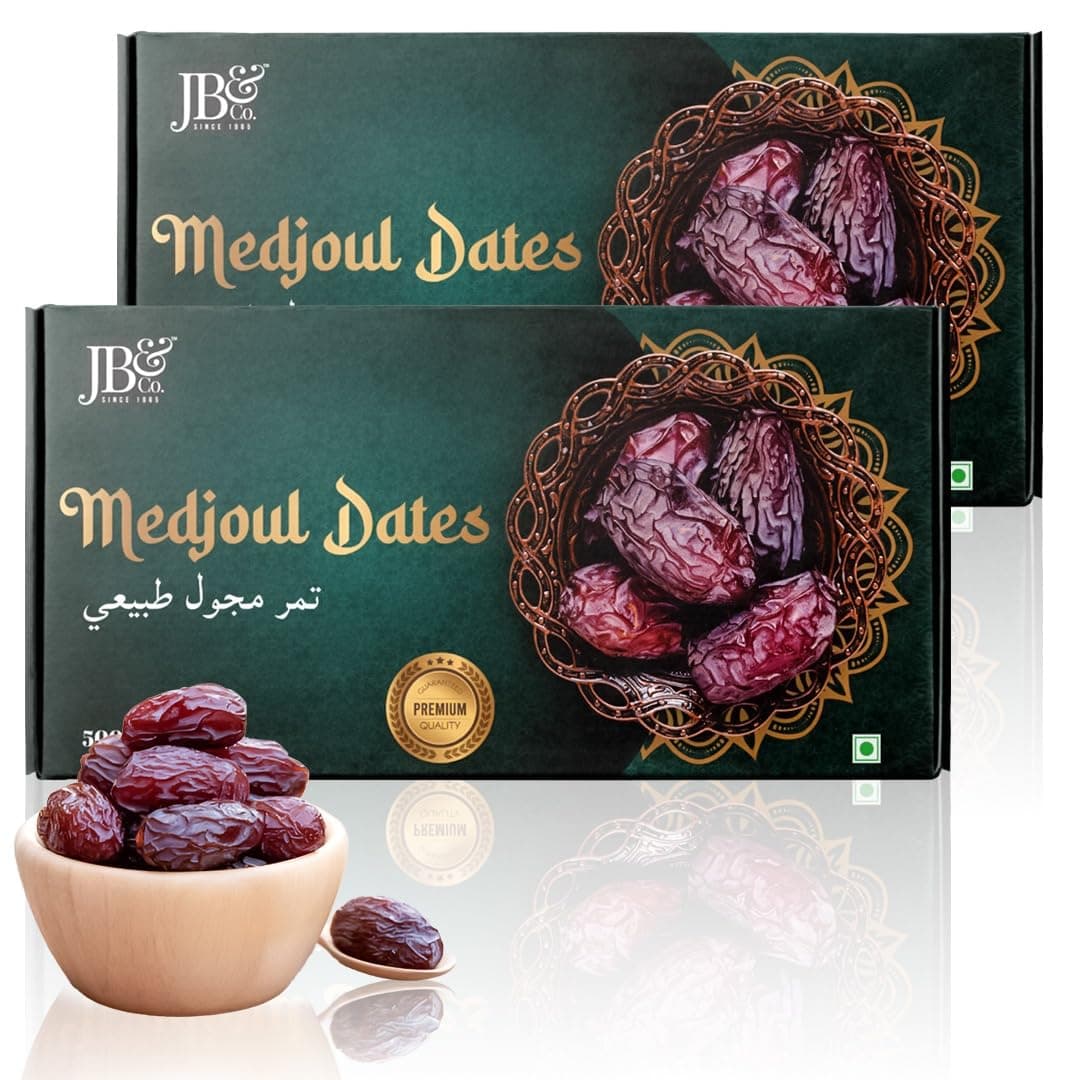 JB&CO - Medjoul Dates - 1kg Premium International King Medjoul Khajoor , Medjoul (Imported Medjool) Dates | No Added Sugar , No Preservatives , best for gifting , Khajur , Plump and Juicy , Medjoul Dates Original |100% Natural | Vegan (500g X2)