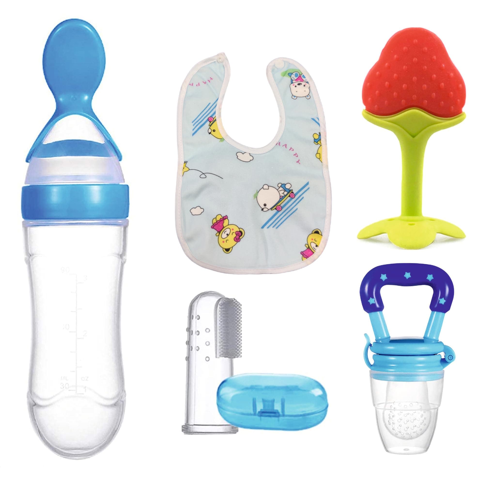 Roforuf Baby Silicone Feeding & Teething Set | Soft BPA-Free Food & Fruit Feeder Pacifier Nibbler, Fruit Shape Teether Toy, Finger Toothbrush, Squeezy Feeder Spoon Bottle (90ml) & Waterproof Bibs for 3–12 Months Infants (Pack of 5 Blue)