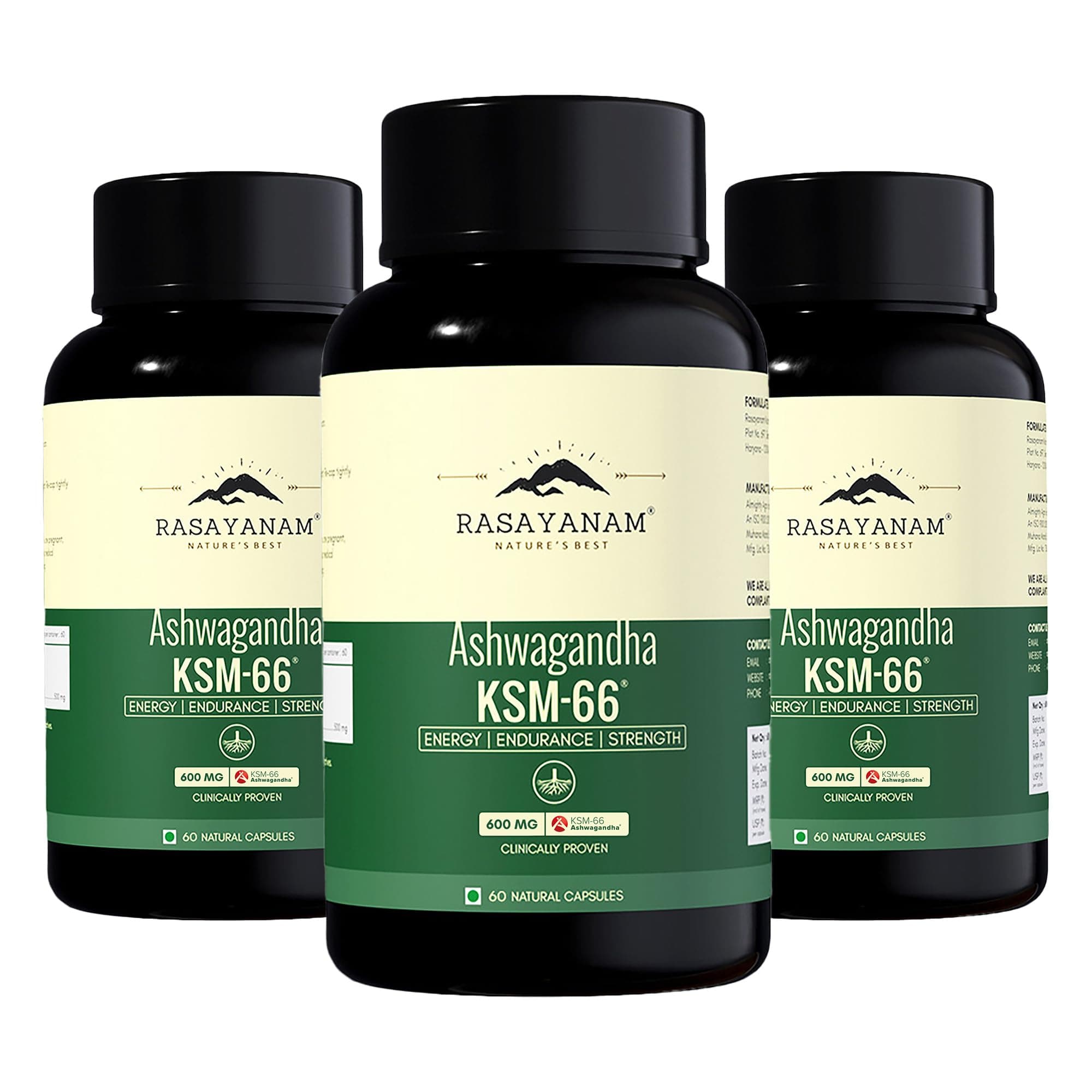 Rasayanam Ashwagandha KSM-66® | Clinically Proven 600mg Dosage | 5.1% Withanolides for Max Results | 100% Pure Root Extract | Stress Relief, Energy & Recovery Support | World’s Strongest Ashwagandha | Pack of 3 ( 60 Capsules each )