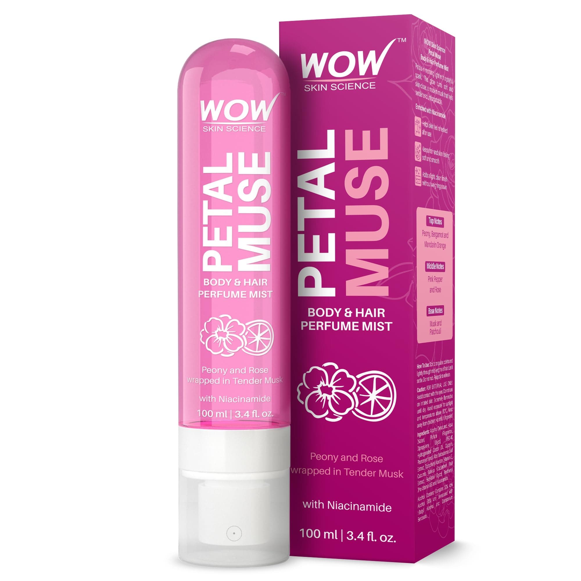 WOW Skin Science Petal Muse Body & Hair Perfume Mist for Women | Feminine Floral Rose Musk with Niacinamide | Lightweight, Skin-Close Fragrance for Women & Unisex Wear | Peony & Rose Wrapped in Tender Musk | 100 ml