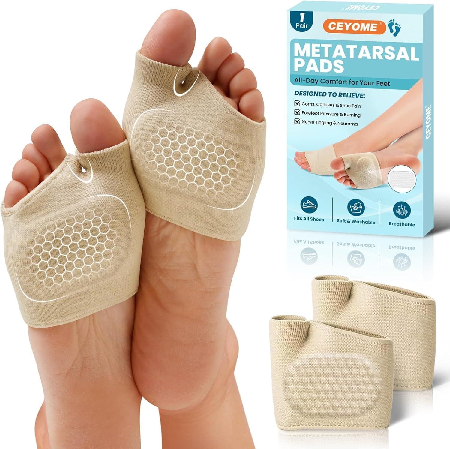 KLIFFOO Metatarsal Pad for Women and Men, Ball of Foot Cushion with Gel Pads for Relieve Forefoot Pain and Pressure, Forefoot Gel Sleeve Pads, Comfortable & Breathable, Orthopedic Foot Pads for Ball Pain Relief, Morton's Neuroma, Metatarsalgia Support (1 Pair, Beige)
