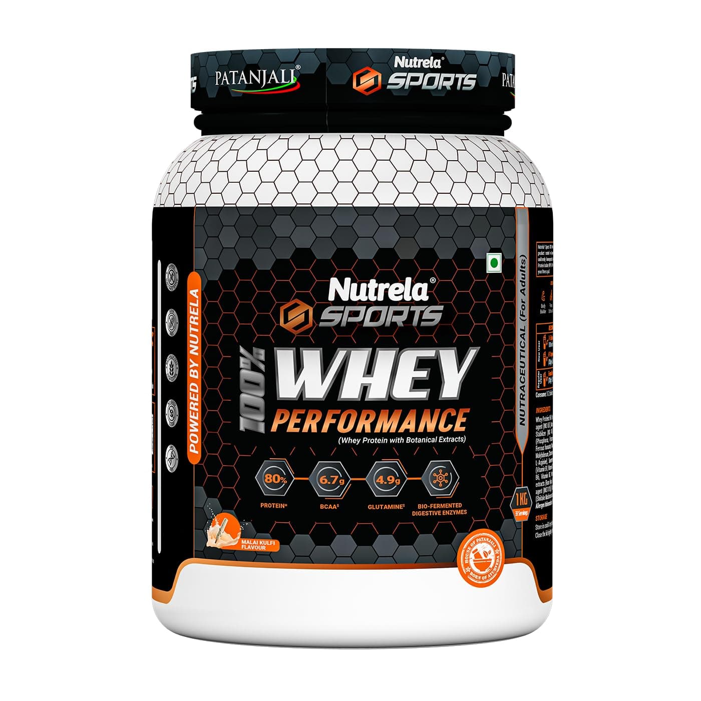 NUTRELA Sports Patanjali Whey Protein 1kg | Concentrate + Isolate | 24g Protein Per Scoop | 6.7g BCAA, 4.9g Glutamine with Digestive Enzymes for quick absorption & easy digestion | Muscle - Building & Recovery | 100% Vegetarian | Malai Kulfi
