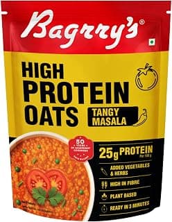 Bagrry’s High Protein Masala Oats 400g | 25g Plant Protein | Tangy Masala Flavour | Instant Savoury Oats | Wholegrain Breakfast Cereal with Real Veggies & Herbs | Protein Oats for Gym & Weight Management | No Palm Oil, No MSG, No Added Preservatives | Ready in 3 Minutes