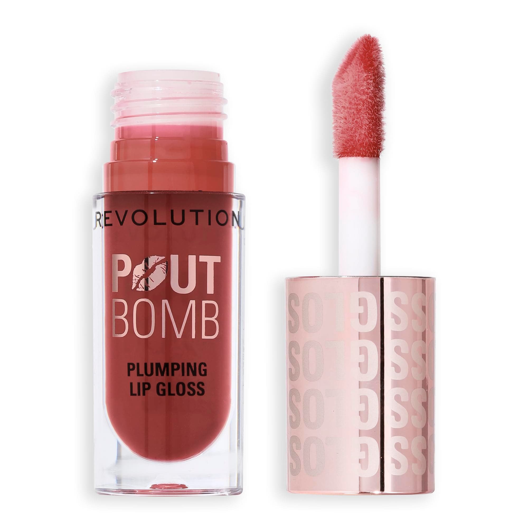 Makeup Revolution Pout Bomb Plumping Gloss – Cookie Deep Nude | 3-in-1 Lip Plumper + Gloss + Treatment | With Hyaluronic Acid, Vitamin E & Peppermint | Glass-Like Shine, Non-Sticky Finish | 100% Vegan & Cruelty-Free | 4.6ml