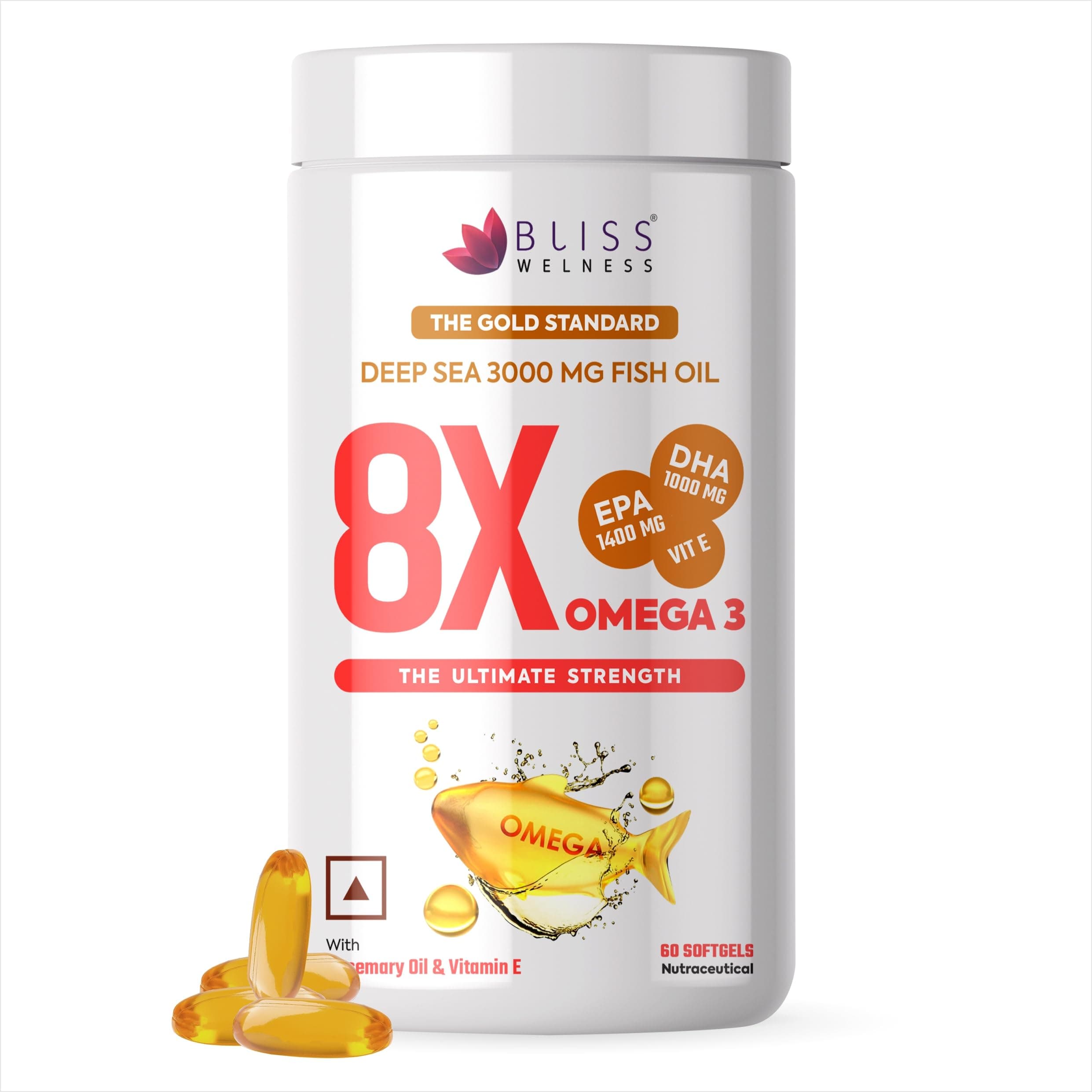 Bliss Welness 8X Strength Omega 3 Fish Oil Capsules | Highest Active Omega-3 Concentration - 3000mg Fish Oil Supplement with 1400mg EPA & 1000mg DHA for Men & Women | Muscle, Heart, Brain, Eyes, Skin & Joints Health Support | No Fishy Burps, Mercury Free | 60 Softgel Capsules